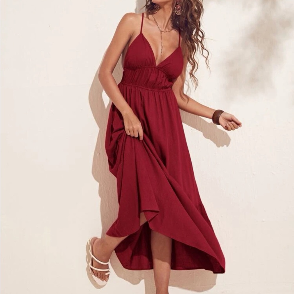 Boho burgundy crisscross open back cami maxi dress,SizeXL